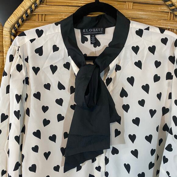 Eloquii Black Heart Print Tie Neck Blouse Size 20 Plus Romantic Chic feminine - Picture 3 of 7